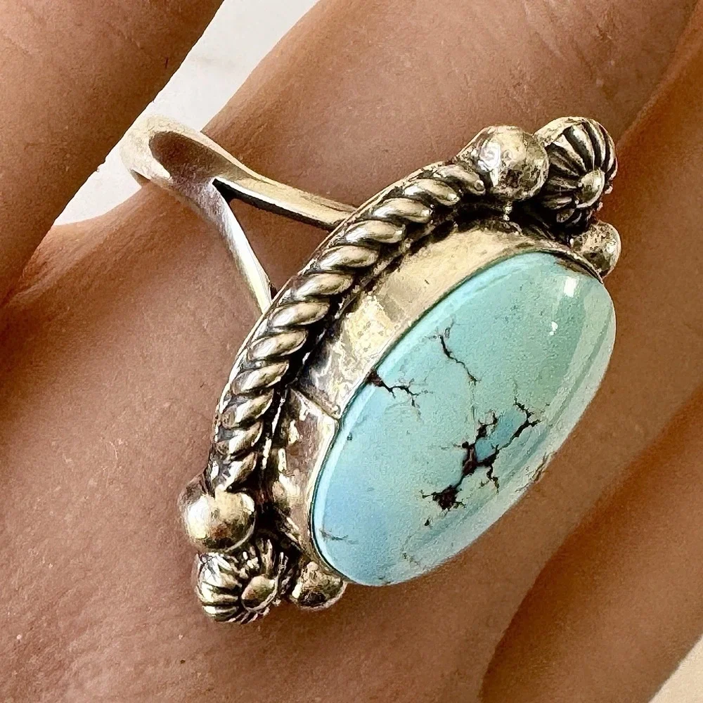 Navajo Blue Golden Hils Turquoise Ring Size 9 Signed Shakey Sterling Native Amer